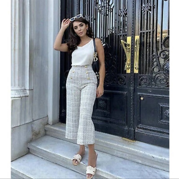 Zara Pants - Zara Hi-Rise Tweed Wide Leg Checkered Plaid Culotte Cropped Pant-L